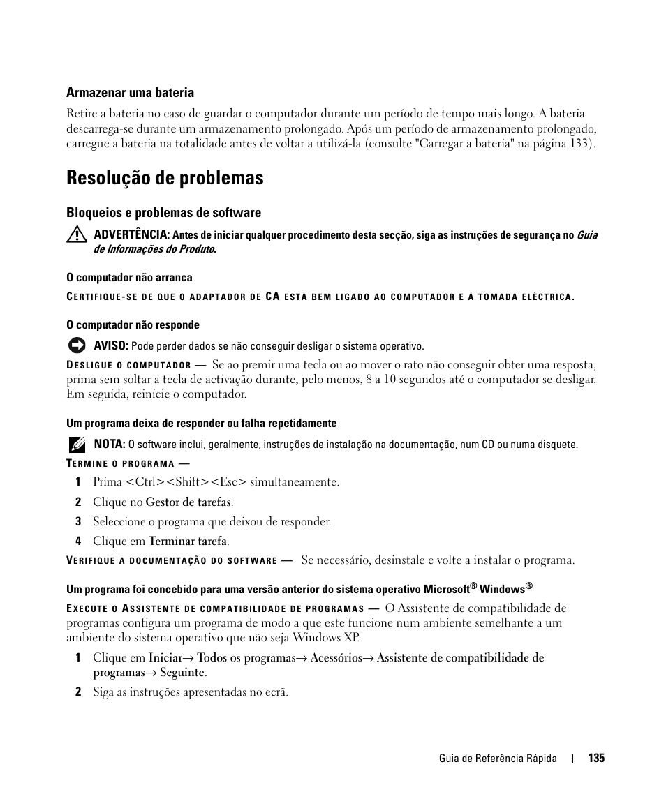 Armazenar uma bateria, Resolução de problemas, Bloqueios e problemas de software | Dell Latitude D631 (Early 2009) User Manual | Page 135 / 166