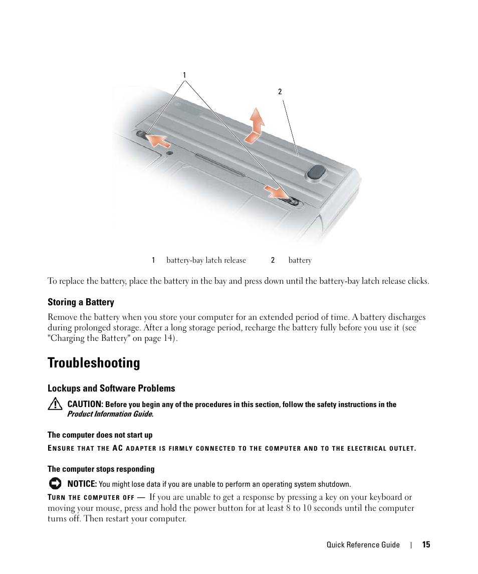 Storing a battery, Troubleshooting, Lockups and software problems | Dell Latitude D631 (Early 2009) User Manual | Page 15 / 166