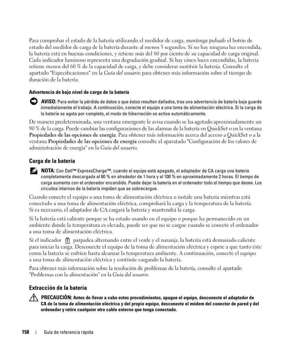 Carga de la batería, Extracción de la batería | Dell Latitude D631 (Early 2009) User Manual | Page 158 / 166