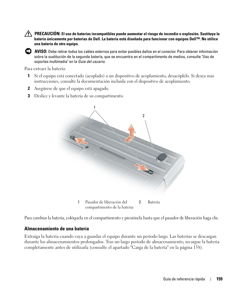 Almacenamiento de una batería | Dell Latitude D631 (Early 2009) User Manual | Page 159 / 166