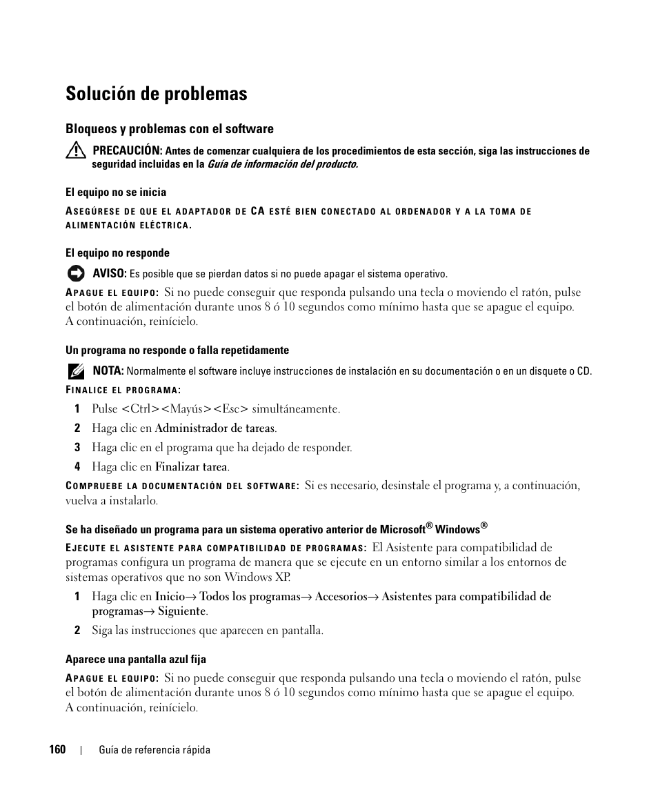 Solución de problemas, Bloqueos y problemas con el software | Dell Latitude D631 (Early 2009) User Manual | Page 160 / 166