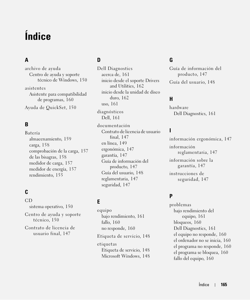 Índice | Dell Latitude D631 (Early 2009) User Manual | Page 165 / 166