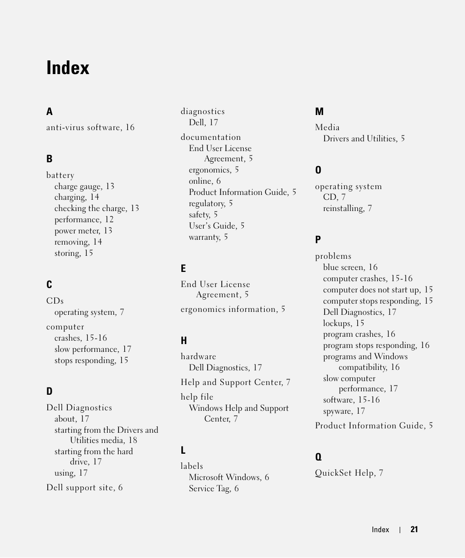 Index | Dell Latitude D631 (Early 2009) User Manual | Page 21 / 166