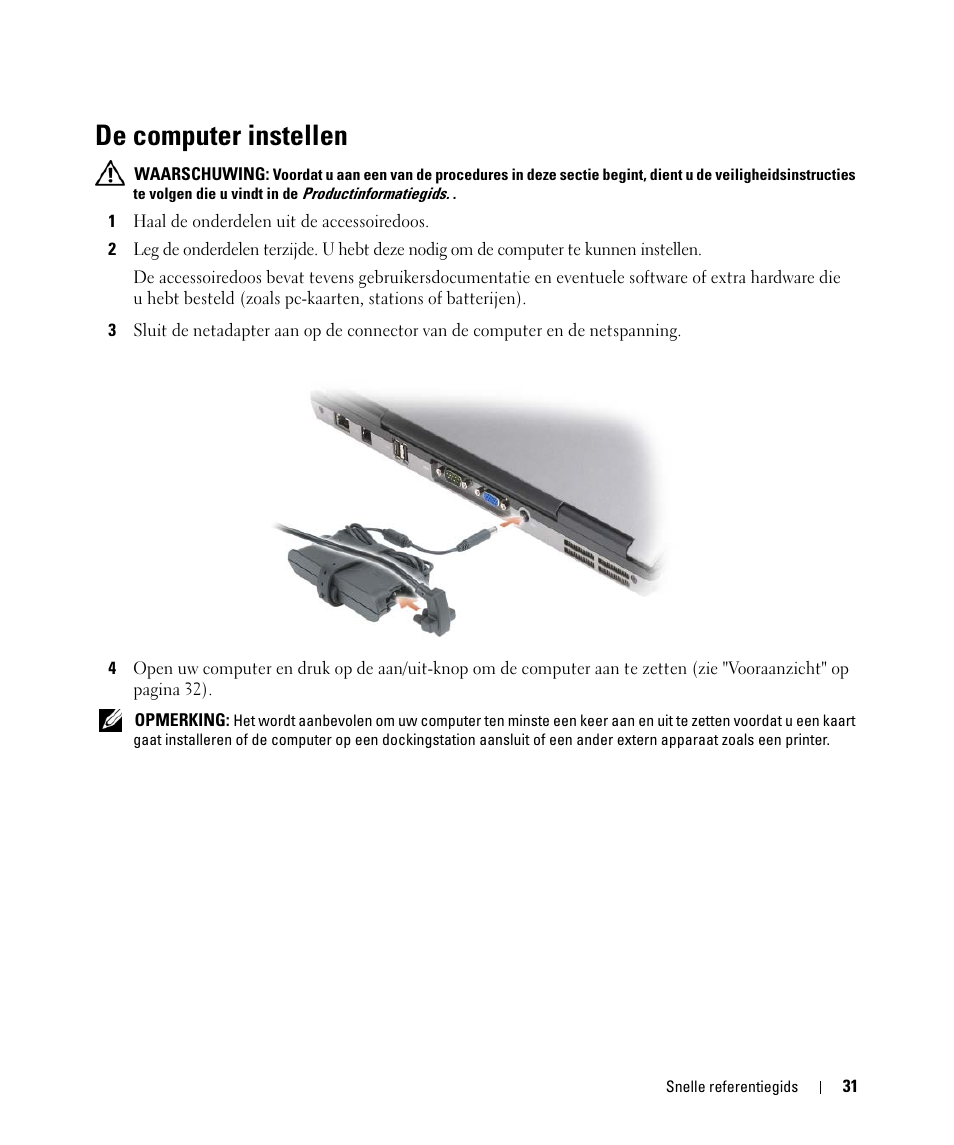 De computer instellen | Dell Latitude D631 (Early 2009) User Manual | Page 31 / 166