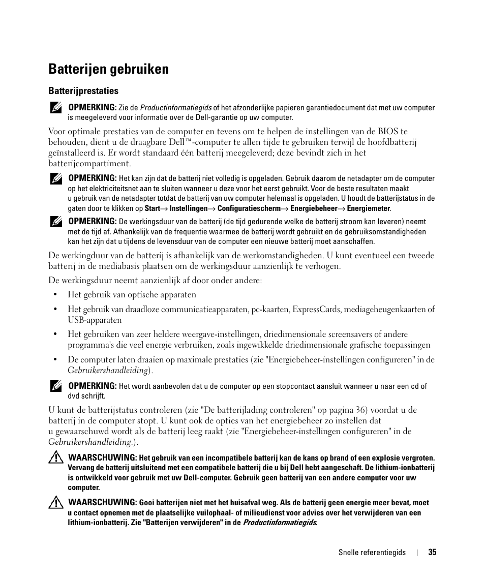 Batterijen gebruiken, Batterijprestaties | Dell Latitude D631 (Early 2009) User Manual | Page 35 / 166