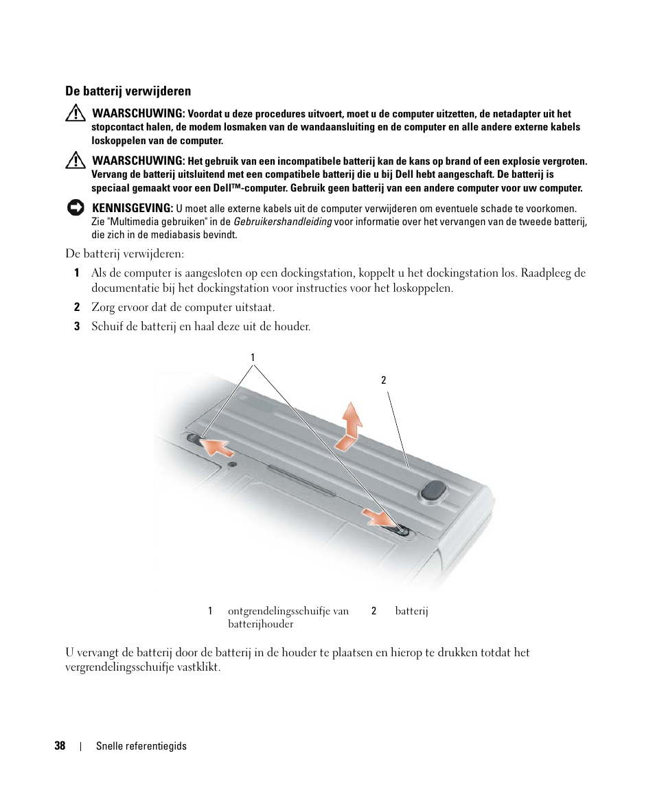 De batterij verwijderen | Dell Latitude D631 (Early 2009) User Manual | Page 38 / 166