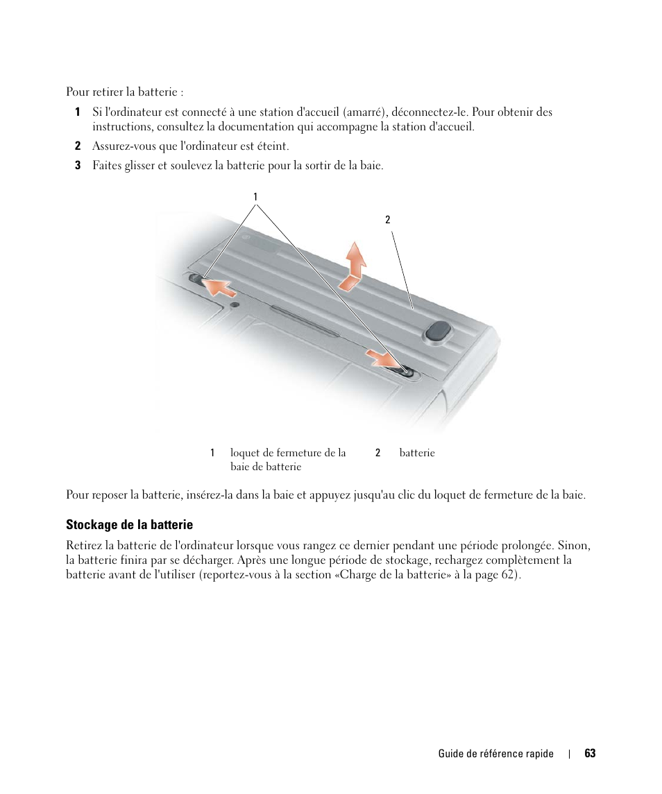 Stockage de la batterie | Dell Latitude D631 (Early 2009) User Manual | Page 63 / 166