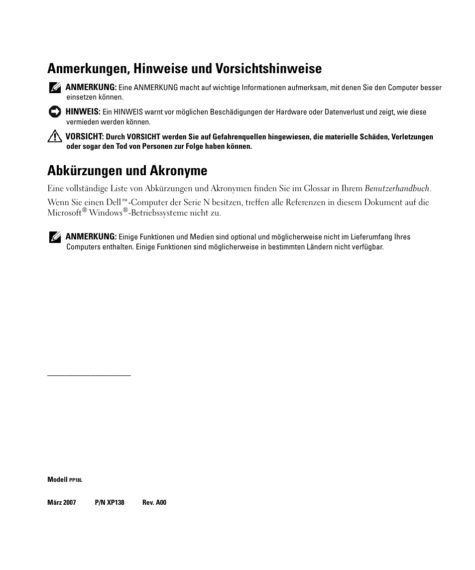 Anmerkungen, hinweise und vorsichtshinweise, Abkürzungen und akronyme | Dell Latitude D631 (Early 2009) User Manual | Page 72 / 166