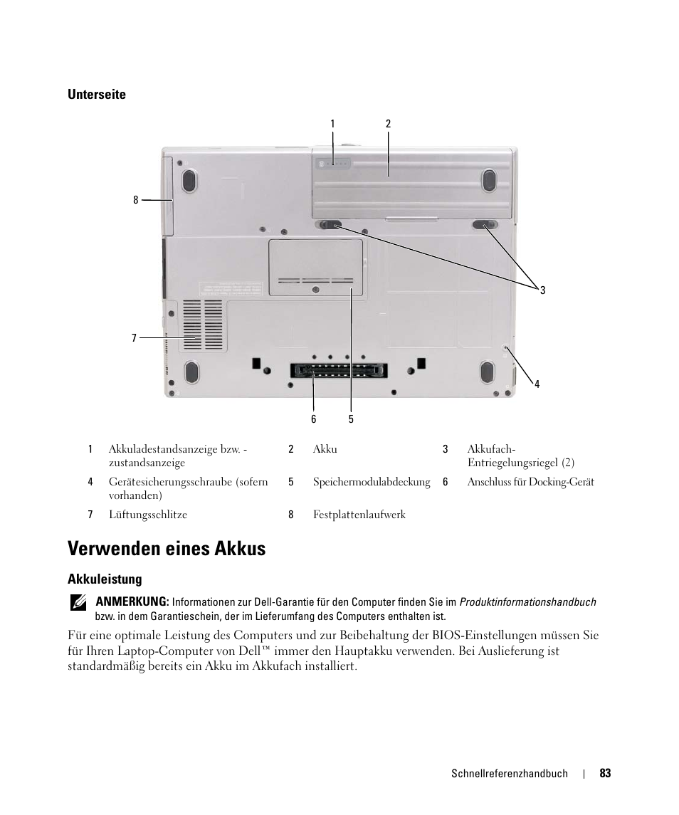 Unterseite, Verwenden eines akkus, Akkuleistung | Dell Latitude D631 (Early 2009) User Manual | Page 83 / 166