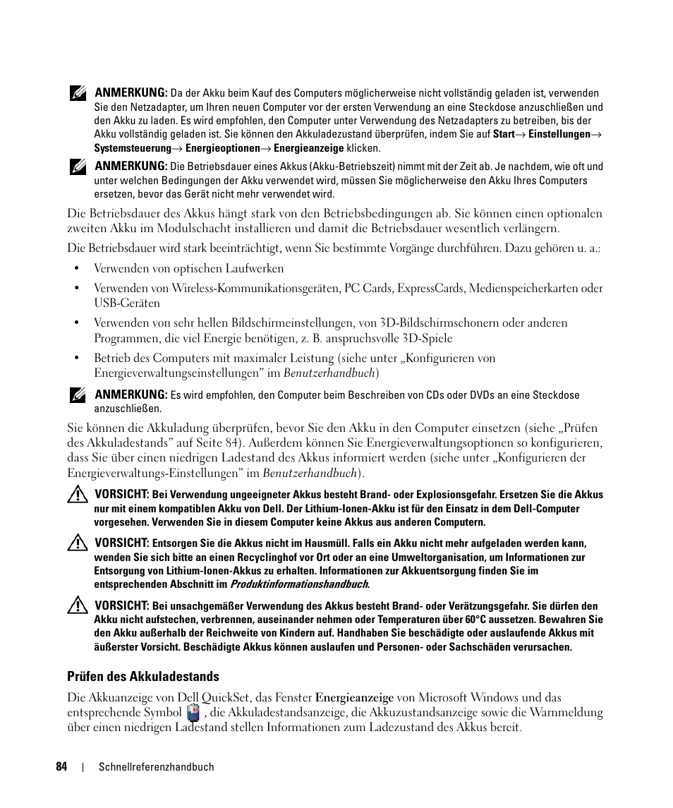 Prüfen des akkuladestands | Dell Latitude D631 (Early 2009) User Manual | Page 84 / 166