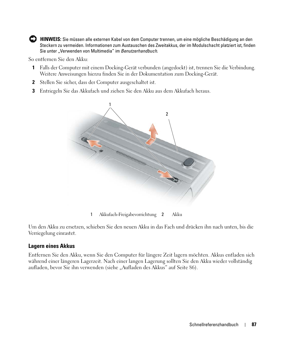 Lagern eines akkus | Dell Latitude D631 (Early 2009) User Manual | Page 87 / 166