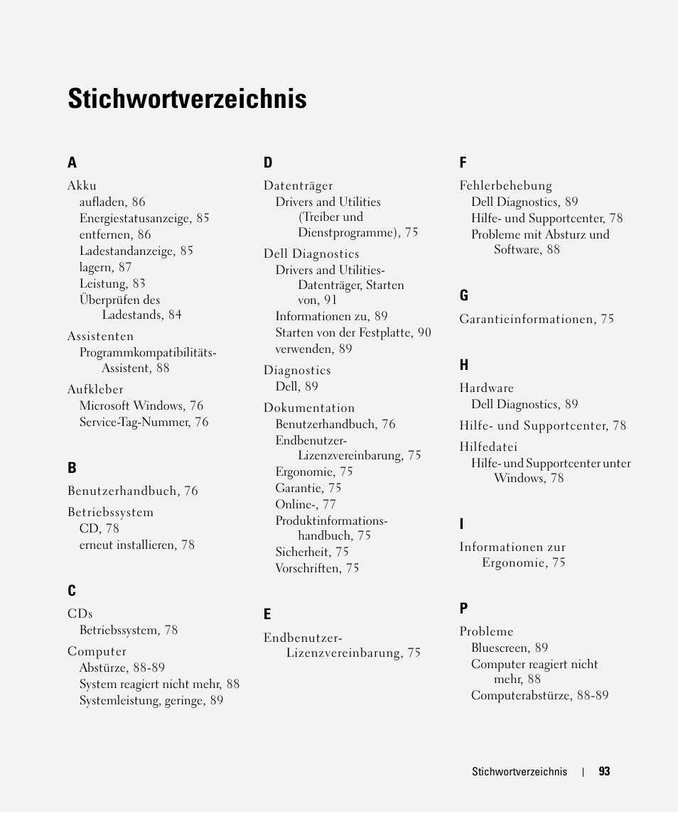 Stichwortverzeichnis | Dell Latitude D631 (Early 2009) User Manual | Page 93 / 166