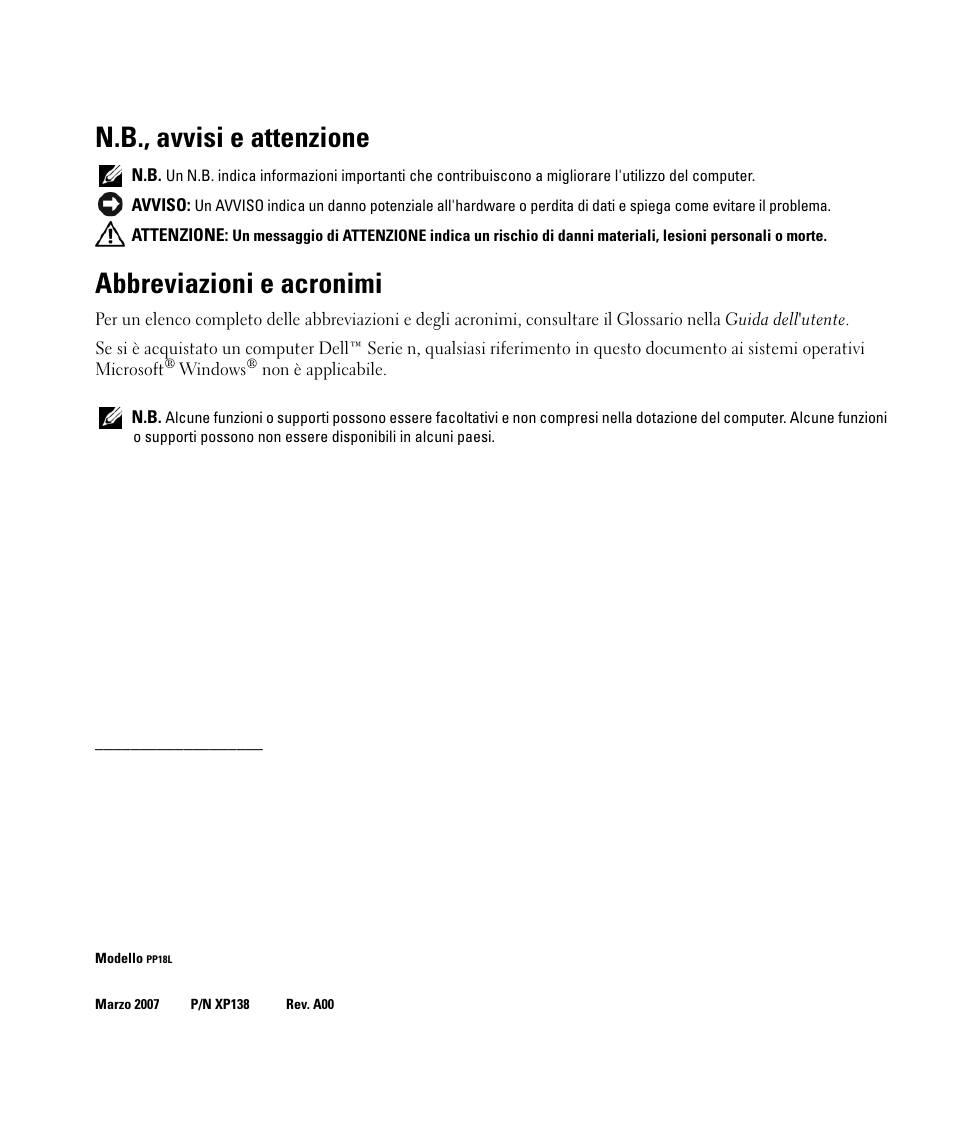 N.b., avvisi e attenzione, Abbreviazioni e acronimi | Dell Latitude D631 (Early 2009) User Manual | Page 96 / 166