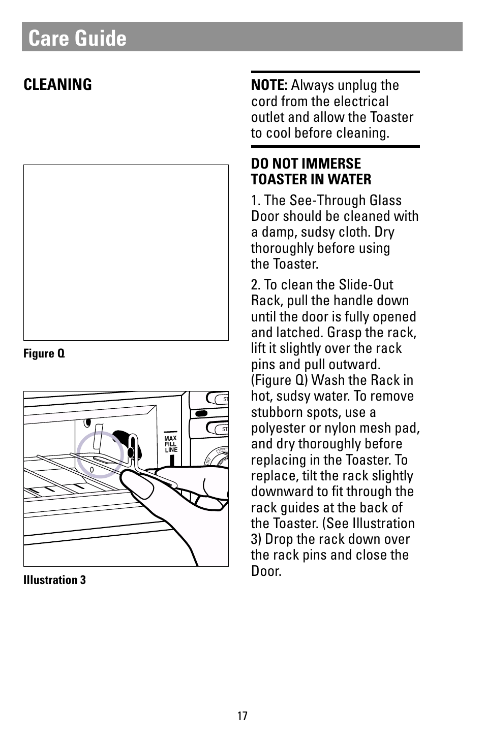 Care guide, Cleaning, Figure q | Illustration 3 | Black & Decker T1000 User Manual | Page 17 / 24