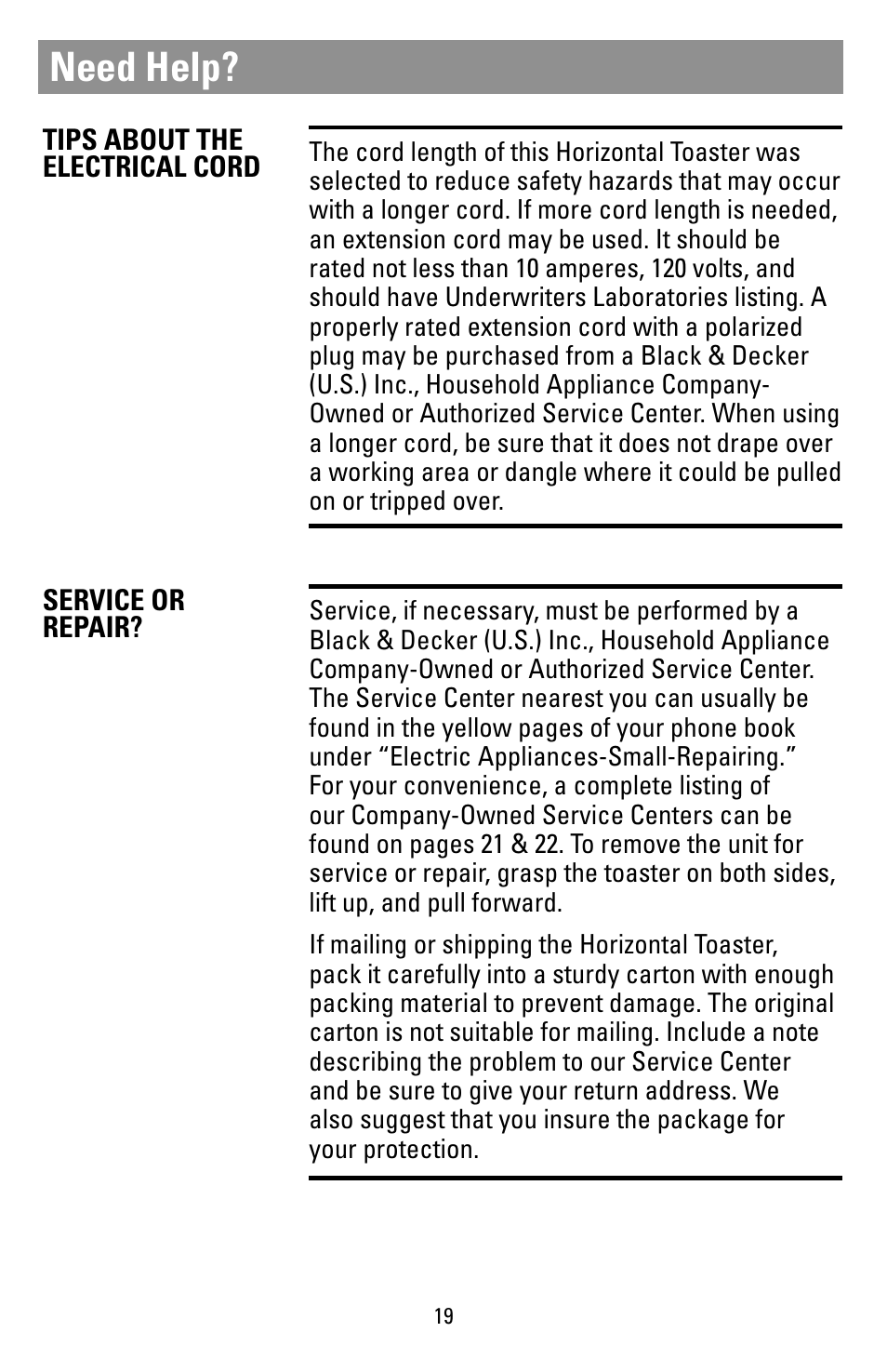 Service or repair, Need help | Black & Decker T1000 User Manual | Page 19 / 24