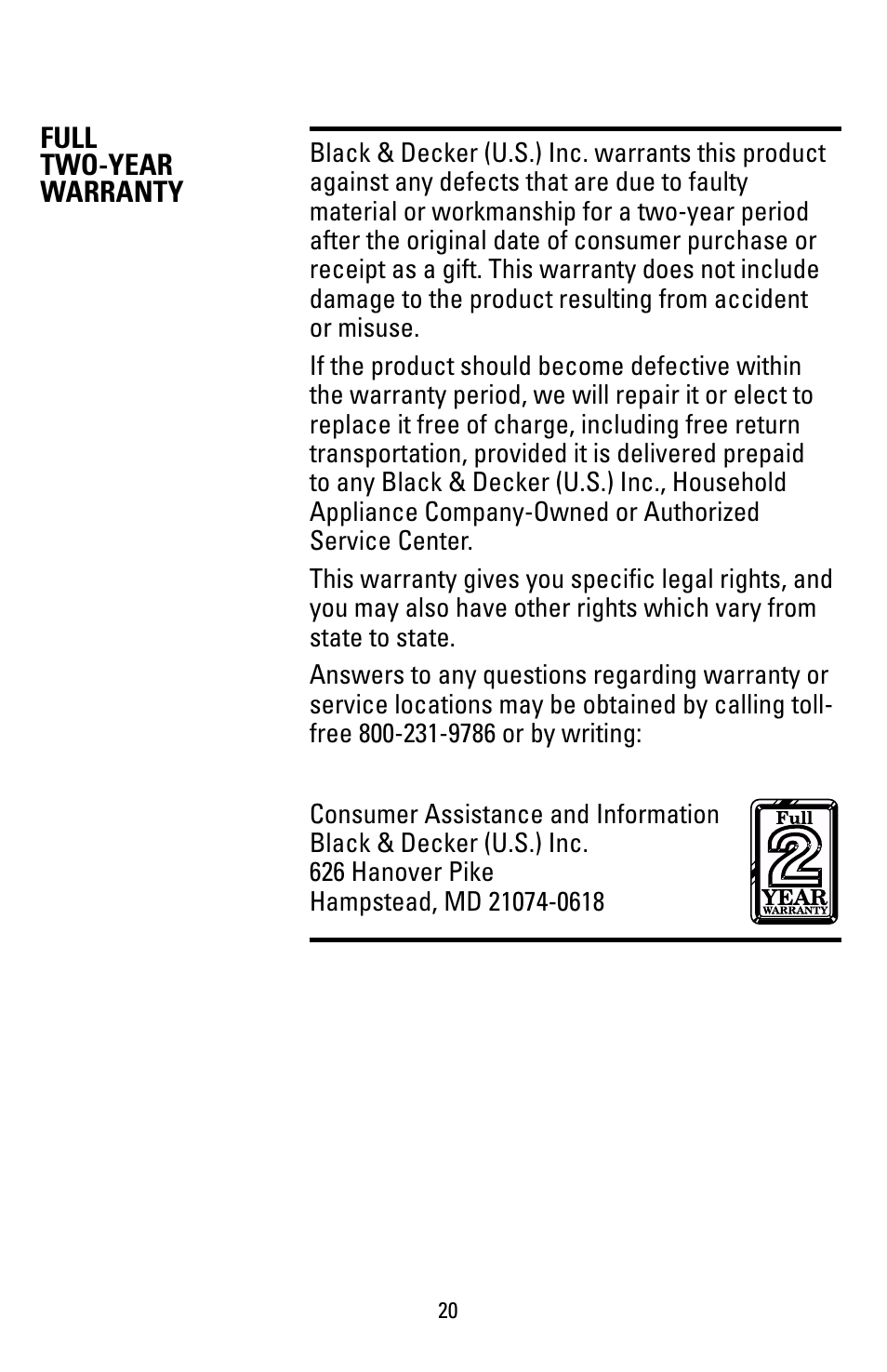 Warranty | Black & Decker T1000 User Manual | Page 20 / 24