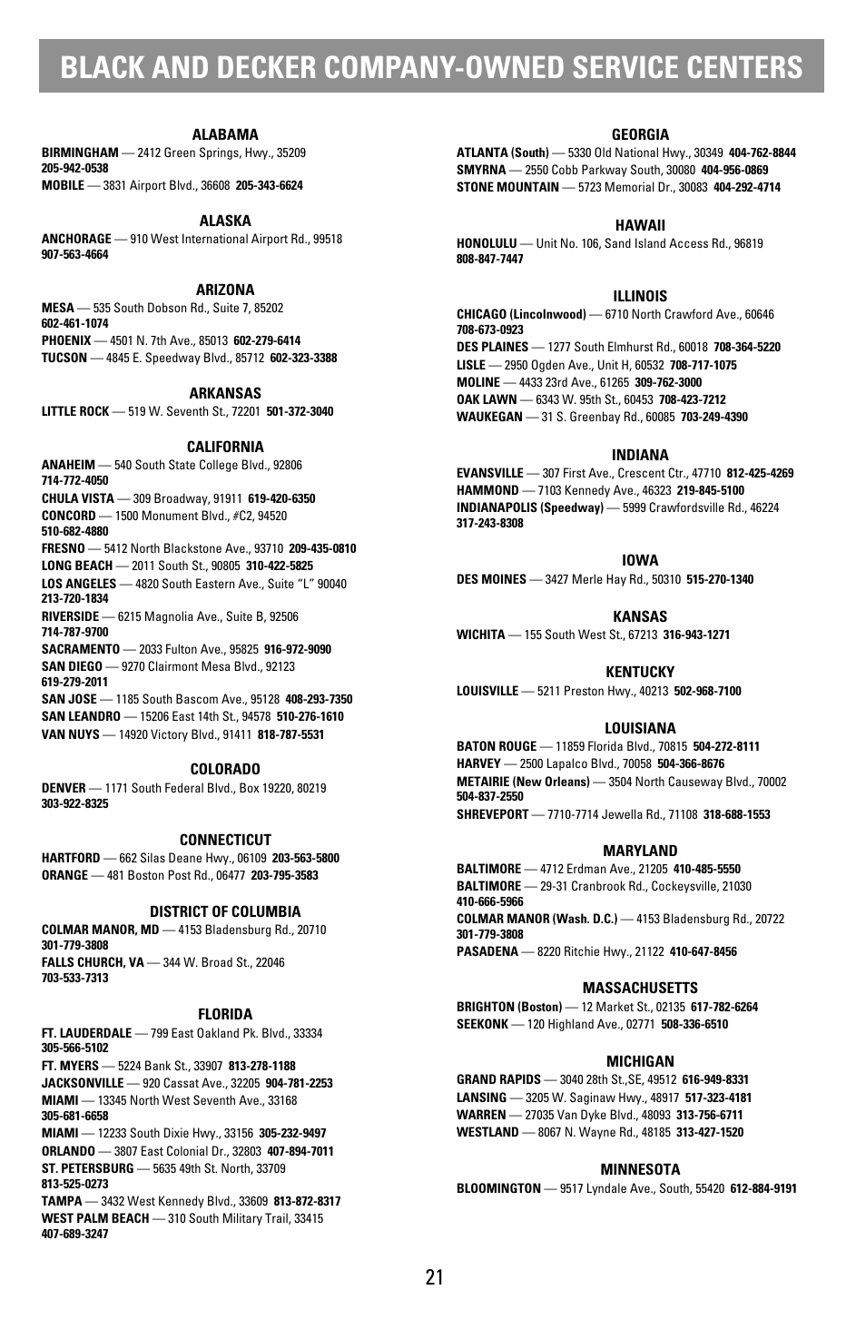 Service centers, Black and decker company-owned service centers | Black & Decker T1000 User Manual | Page 21 / 24