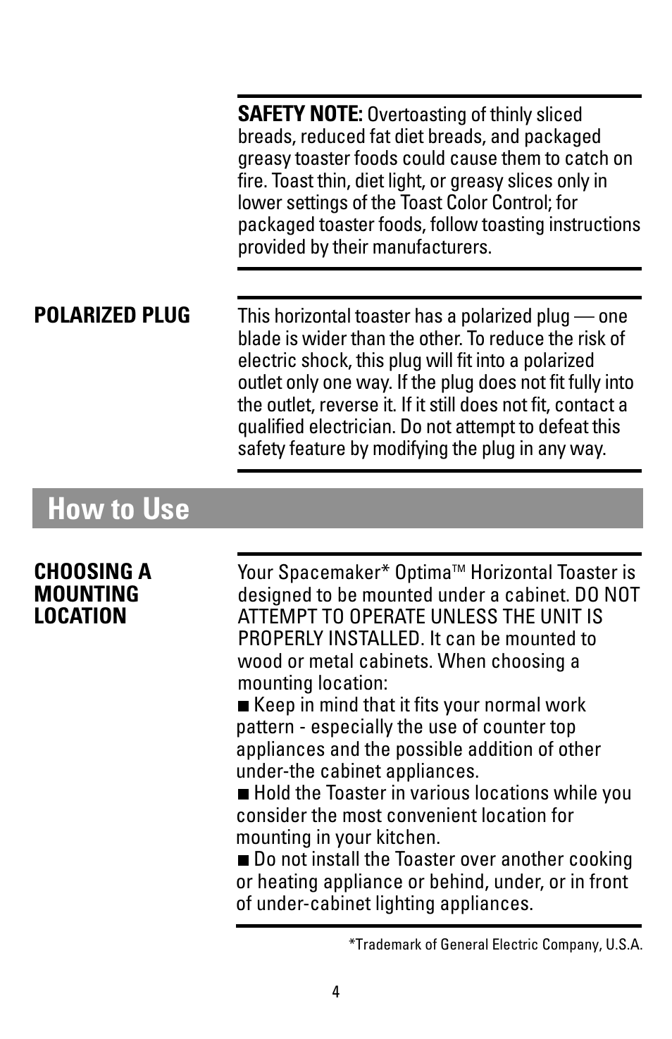 How to use, Polarized plug, Choosing a | Mounting, Location | Black & Decker T1000 User Manual | Page 4 / 24
