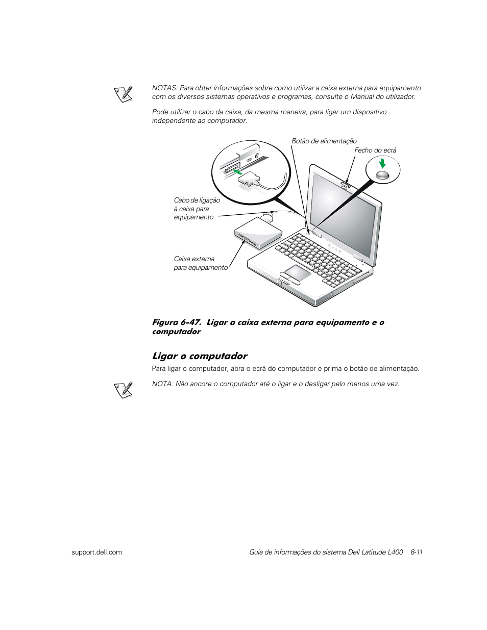 Ligar o computador, Ljdu r frpsxwdgru | Dell Latitude L400 User Manual | Page 105 / 126