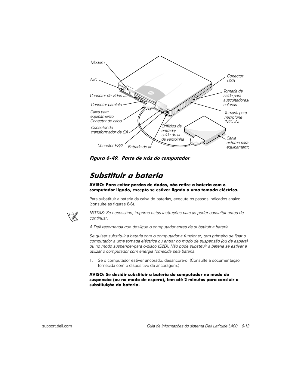 Substituir a bateria, 6xevwlwxlu d edwhuld | Dell Latitude L400 User Manual | Page 107 / 126