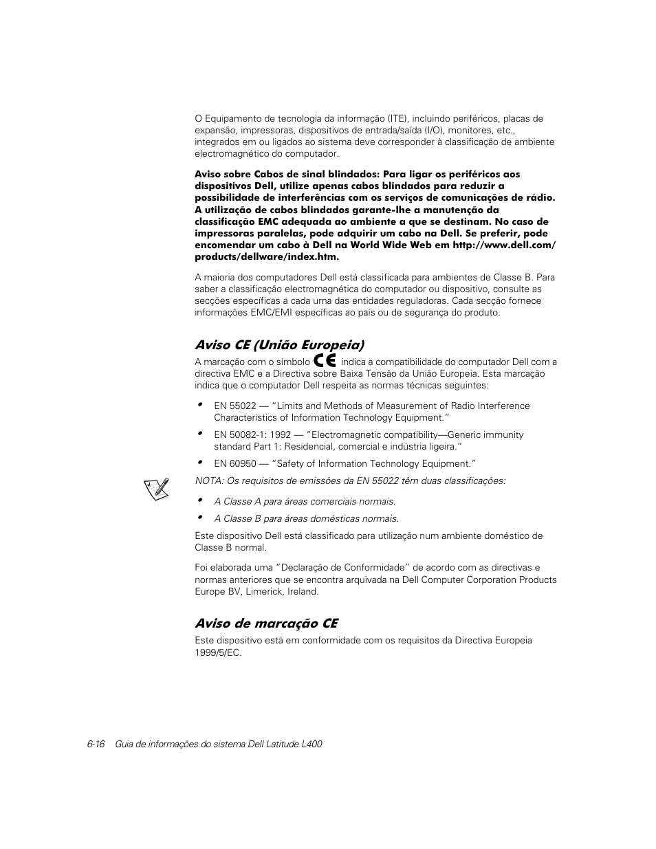 Aviso ce (união europeia), Aviso de marcação ce | Dell Latitude L400 User Manual | Page 110 / 126