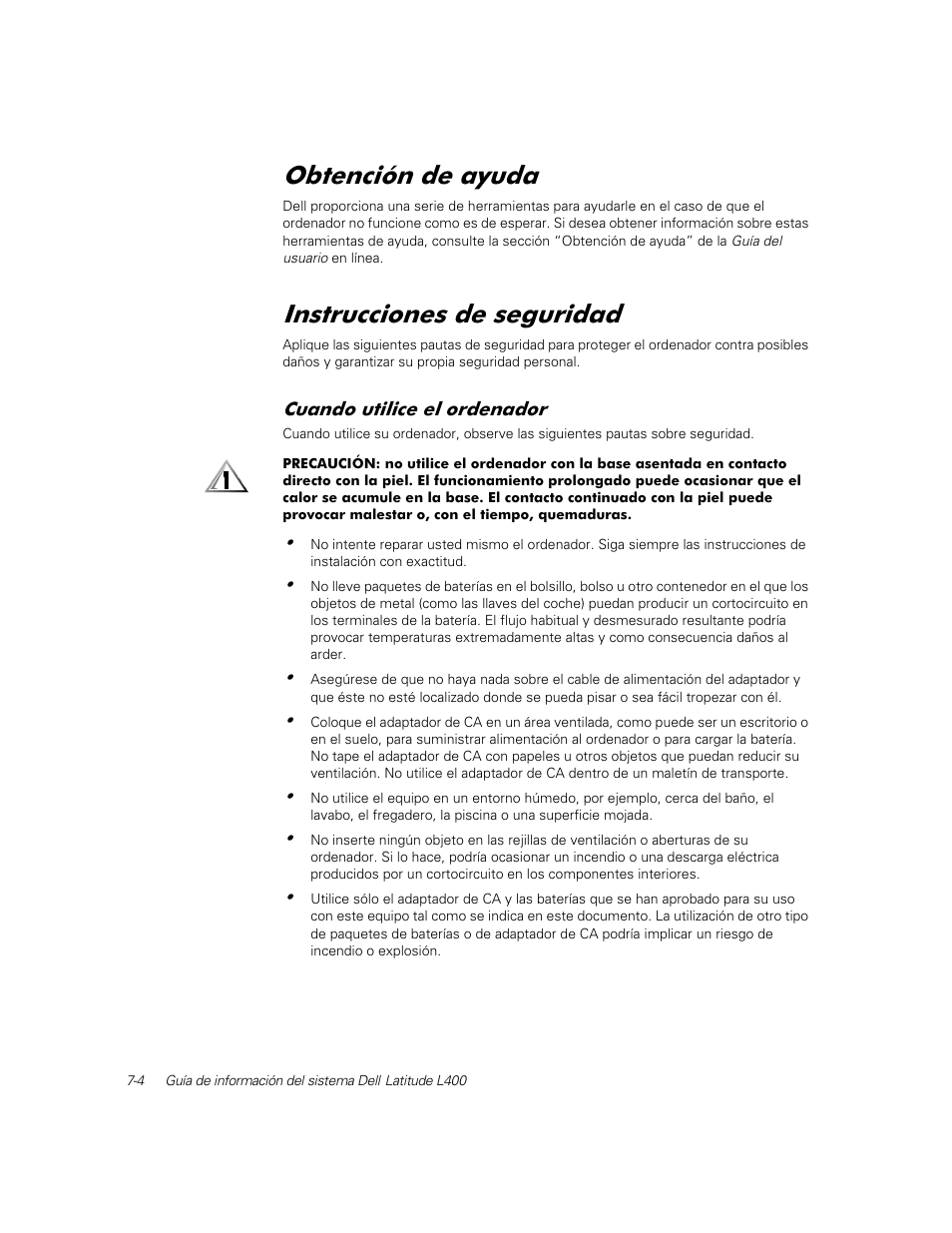 Obtención de ayuda, Instrucciones de seguridad, Cuando utilice el ordenador | 2ewhqflyq gh d\xgd, Qvwuxfflrqhv gh vhjxulgdg | Dell Latitude L400 User Manual | Page 114 / 126