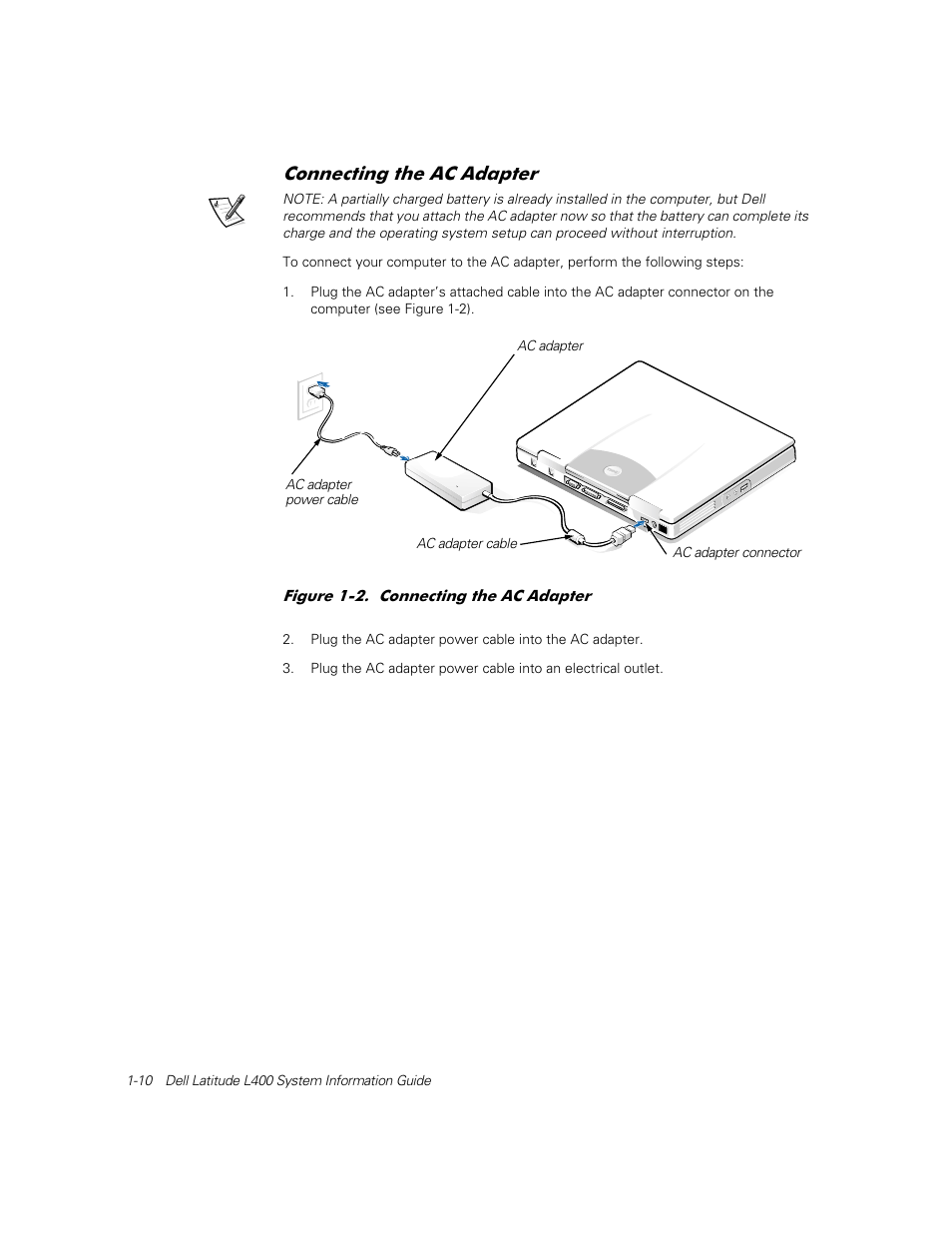 Connecting the ac adapter, Rqqhfwlqj wkh $& $gdswhu | Dell Latitude L400 User Manual | Page 12 / 126