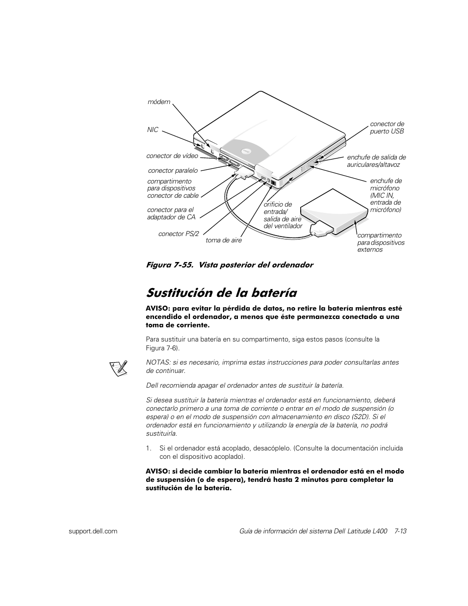 Sustitución de la batería, 6xvwlwxflyq gh od edwhutd | Dell Latitude L400 User Manual | Page 123 / 126