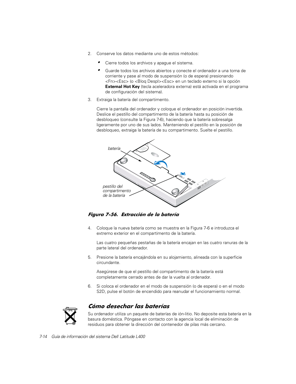 Cómo desechar las baterías, Ypr ghvhfkdu odv edwhutdv | Dell Latitude L400 User Manual | Page 124 / 126