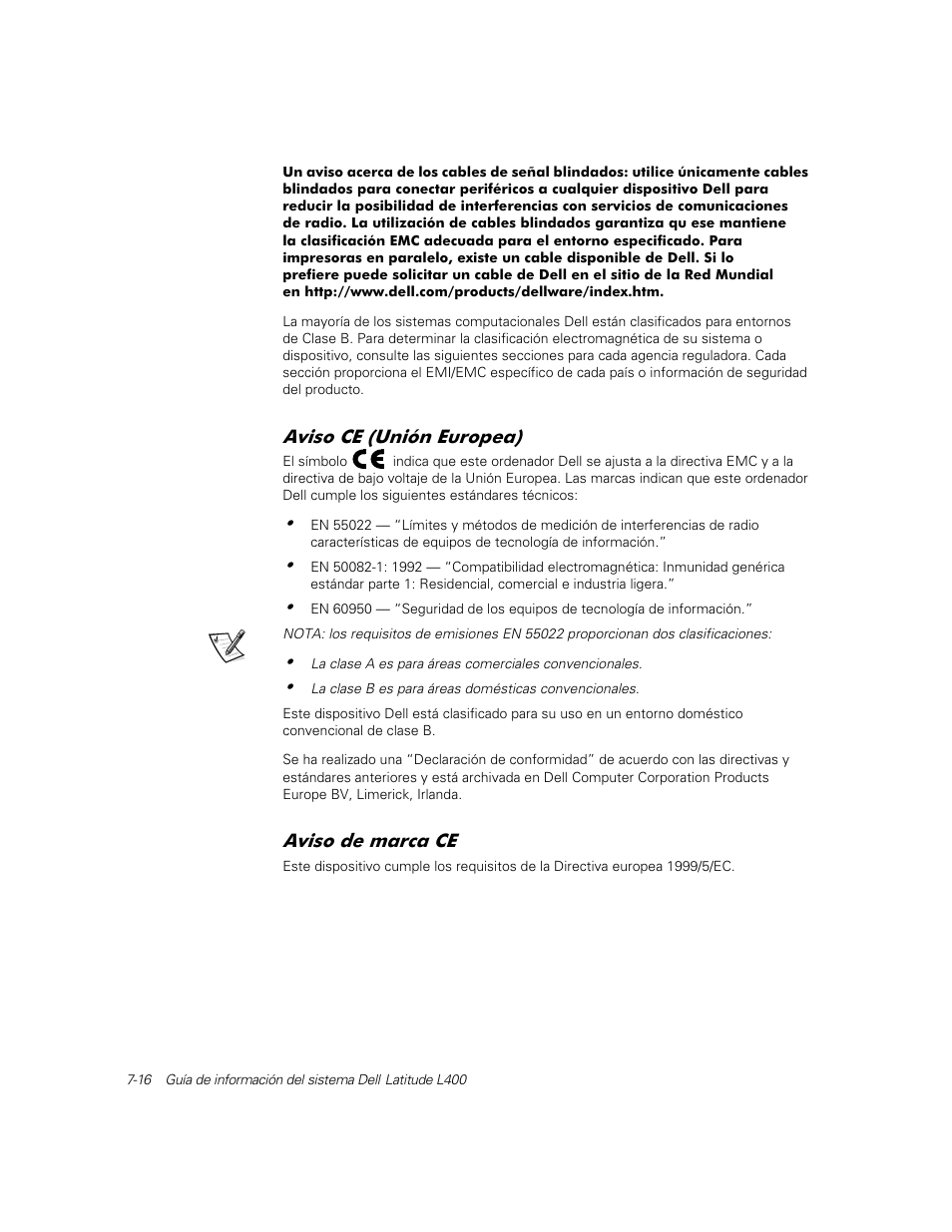 Aviso ce (unión europea), Aviso de marca ce | Dell Latitude L400 User Manual | Page 126 / 126