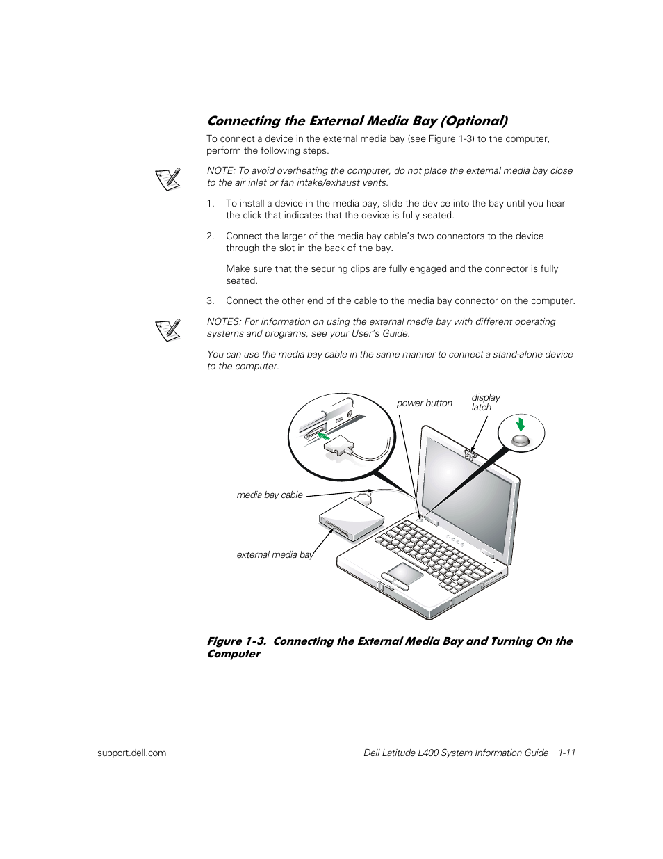 Connecting the external media bay (optional), Rqqhfwlqj wkh ([whuqdo 0hgld %d\ 2swlrqdo | Dell Latitude L400 User Manual | Page 13 / 126