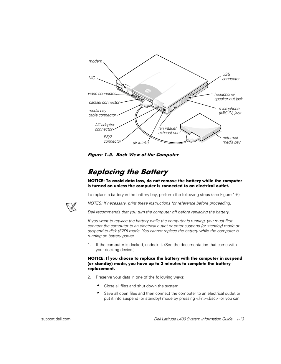 Replacing the battery, 5hsodflqj wkh %dwwhu | Dell Latitude L400 User Manual | Page 15 / 126