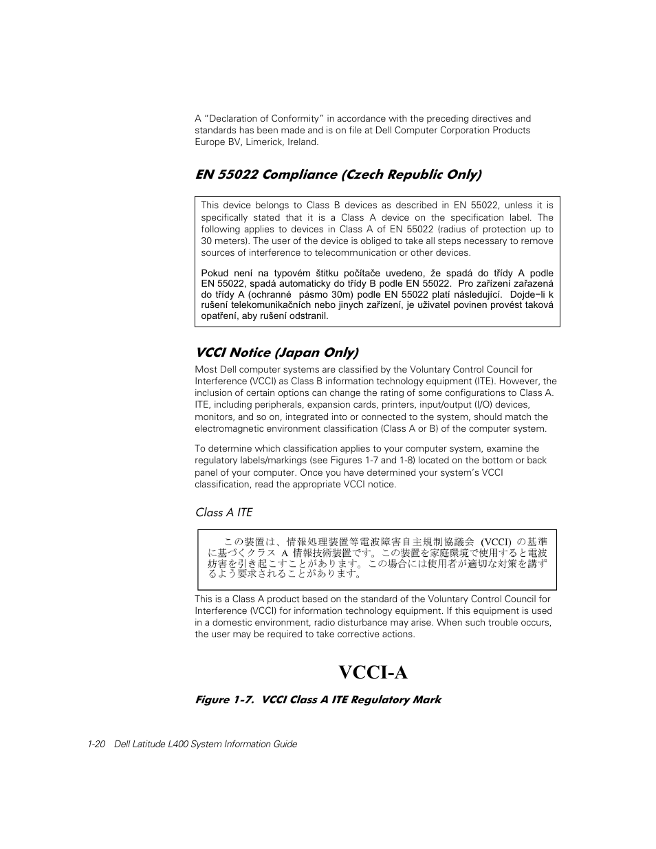 En 55022 compliance (czech republic only), Vcci notice (japan only) | Dell Latitude L400 User Manual | Page 22 / 126