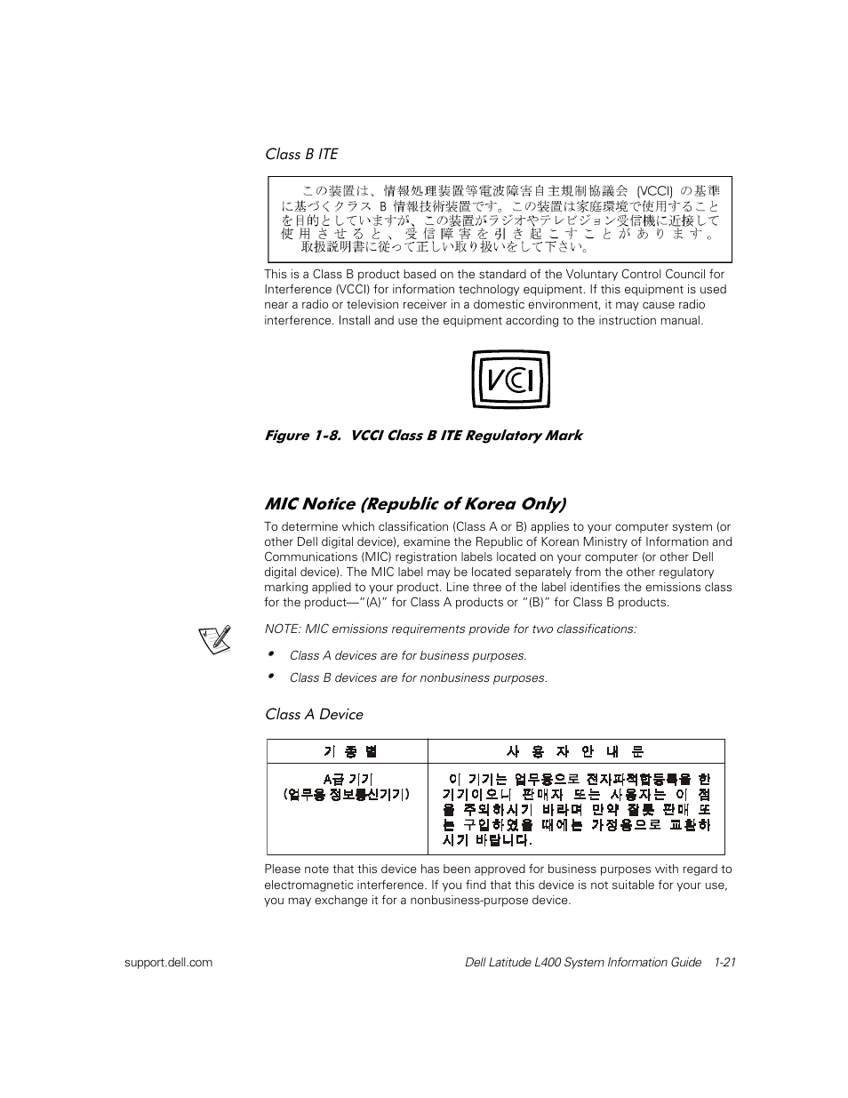 Mic notice (republic of korea only) | Dell Latitude L400 User Manual | Page 23 / 126