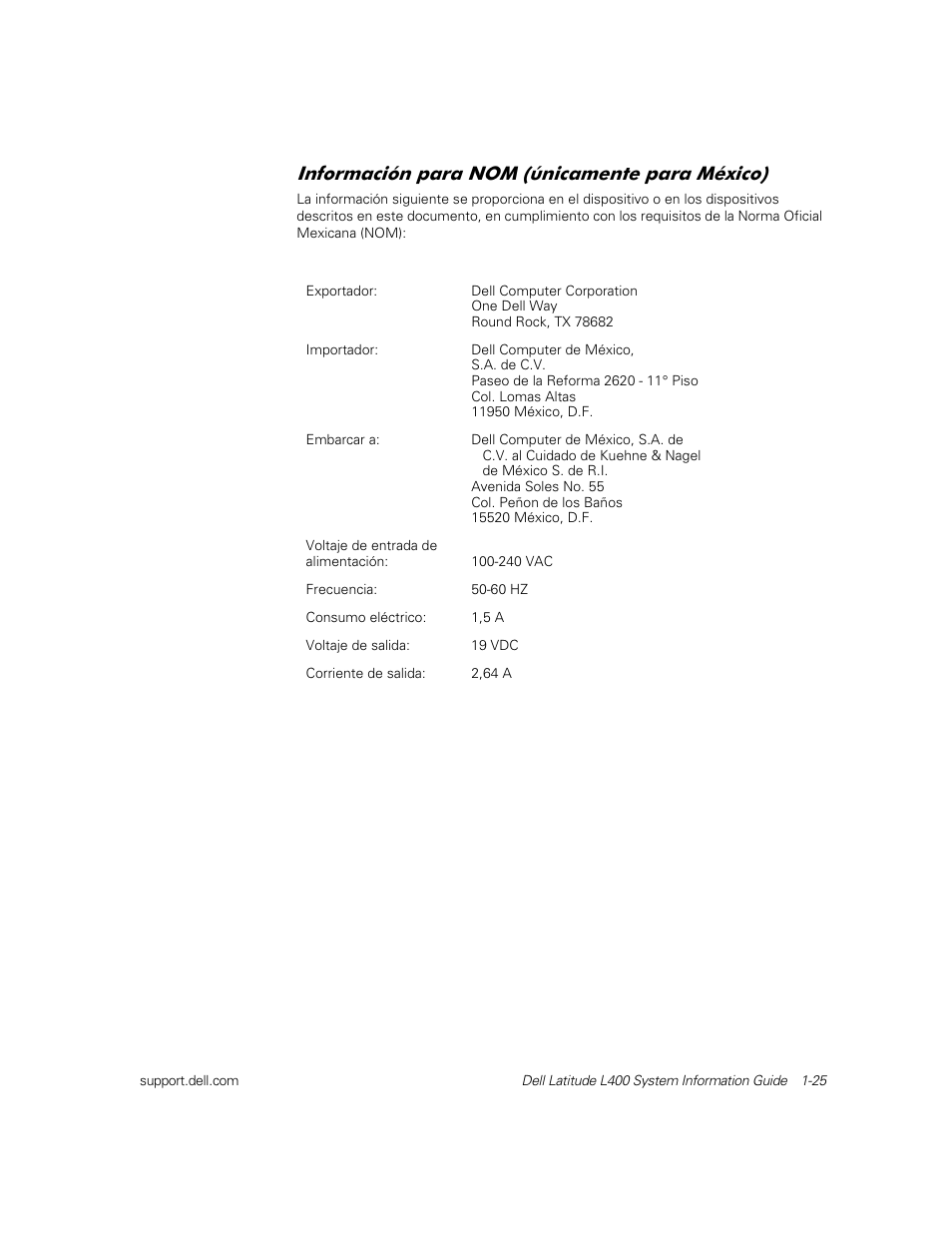 Información para nom (únicamente para méxico), Qirupdflyq sdud 120 ~qlfdphqwh sdud 0p[lfr | Dell Latitude L400 User Manual | Page 27 / 126