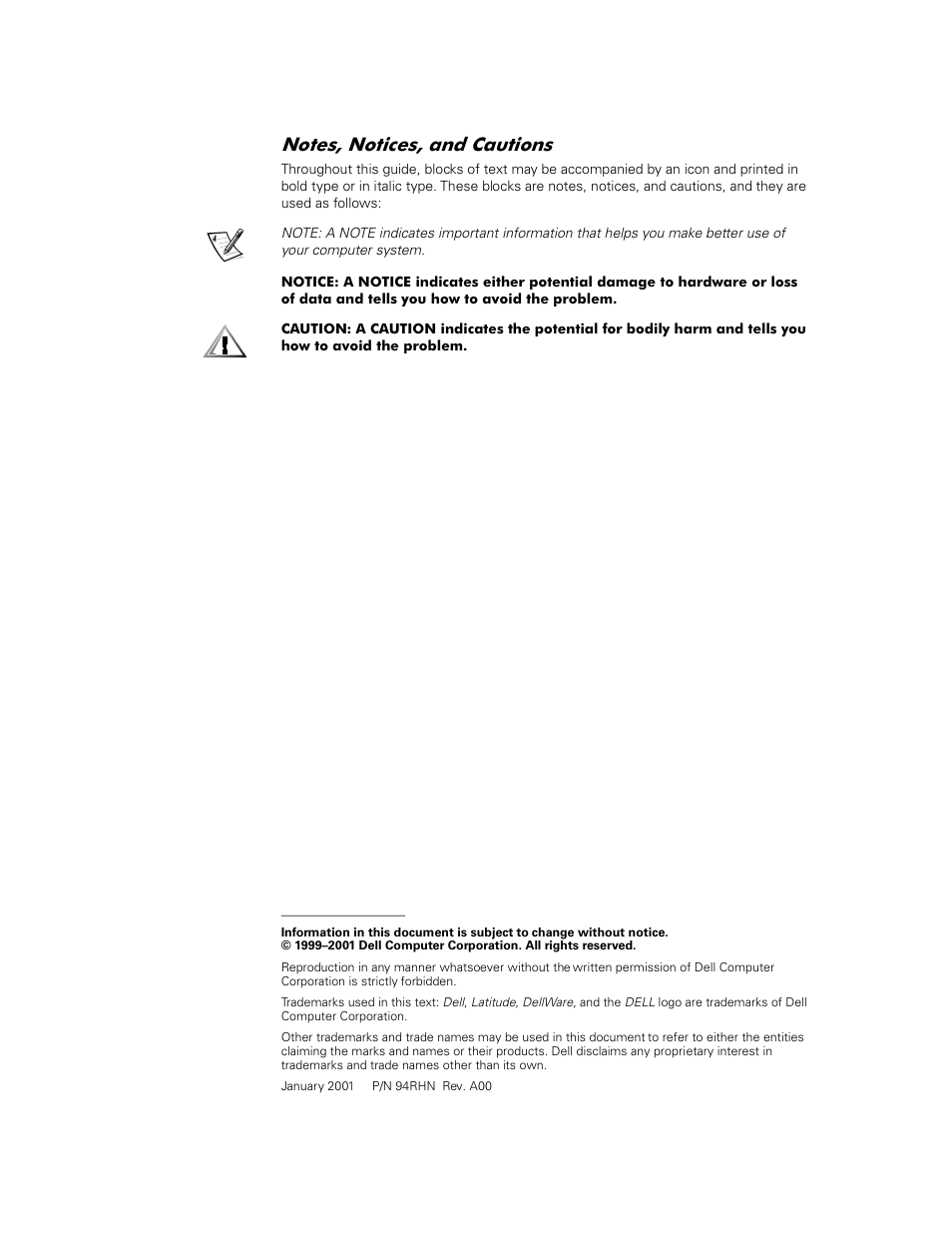 1rwhv 1rwlfhv dqg &dxwlrqv | Dell Latitude L400 User Manual | Page 4 / 126