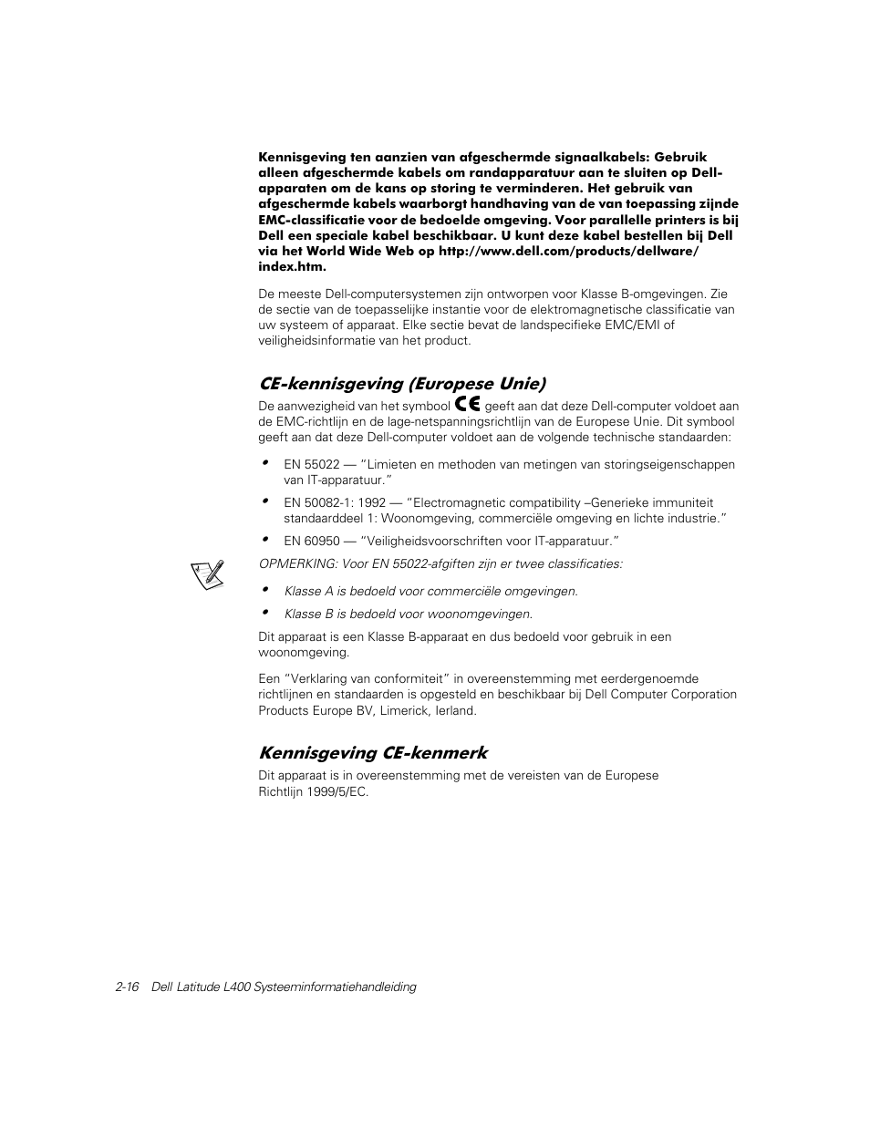 Ce-kennisgeving (europese unie), Kennisgeving ce-kenmerk | Dell Latitude L400 User Manual | Page 46 / 126