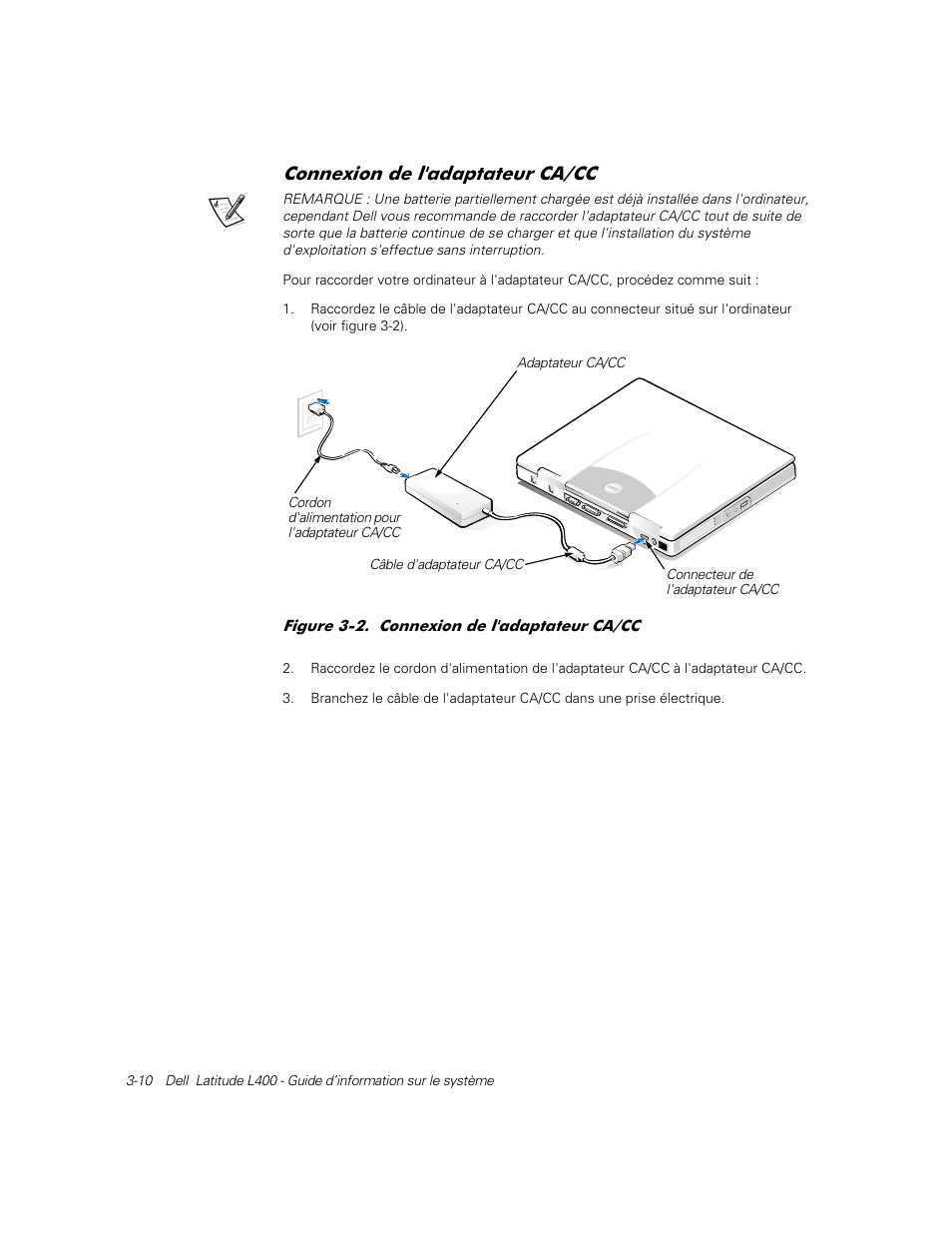 Connexion de l'adaptateur ca/cc, Rqqh[lrq gh o dgdswdwhxu | Dell Latitude L400 User Manual | Page 56 / 126