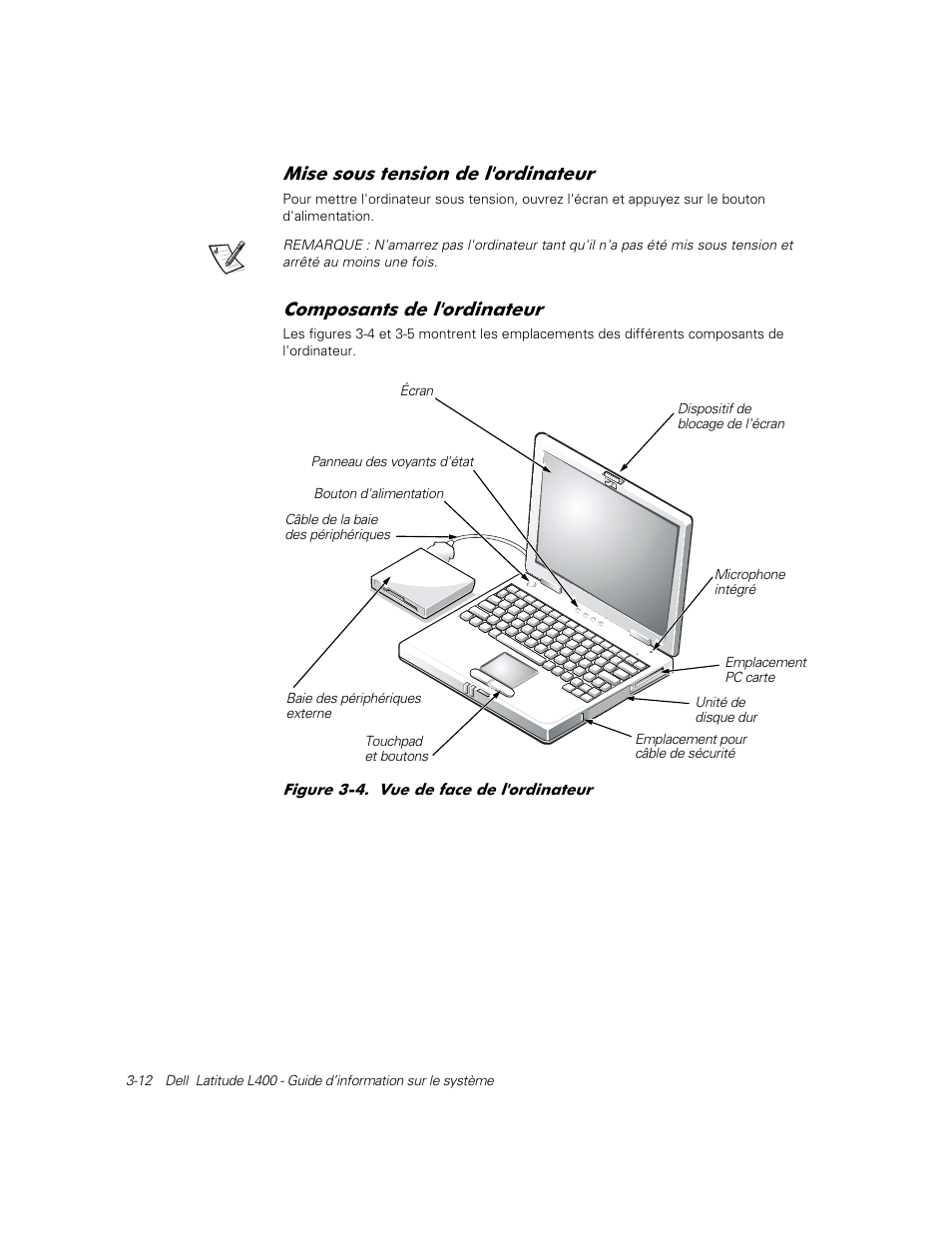 Mise sous tension de l'ordinateur, Composants de l'ordinateur, 0lvh vrxv whqvlrq gh o ruglqdwhxu | Rpsrvdqwv gh o ruglqdwhxu | Dell Latitude L400 User Manual | Page 58 / 126