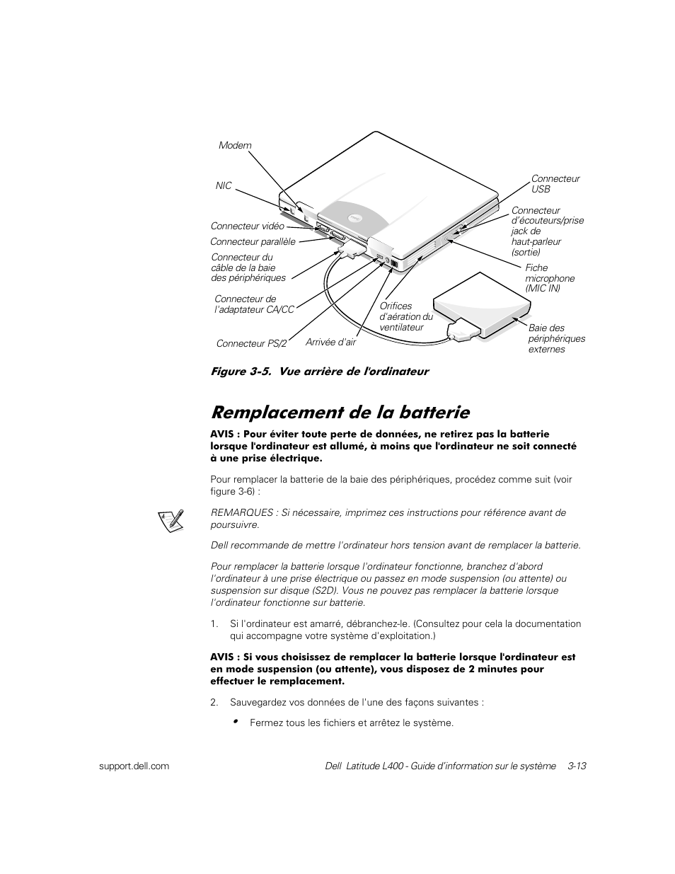Remplacement de la batterie, 5hpsodfhphqw gh od edwwhulh | Dell Latitude L400 User Manual | Page 59 / 126