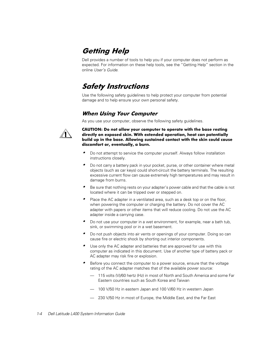 Getting help, Safety instructions, When using your computer | Hwwlqj +hos, 6dihw\ ,qvwuxfwlrqv | Dell Latitude L400 User Manual | Page 6 / 126