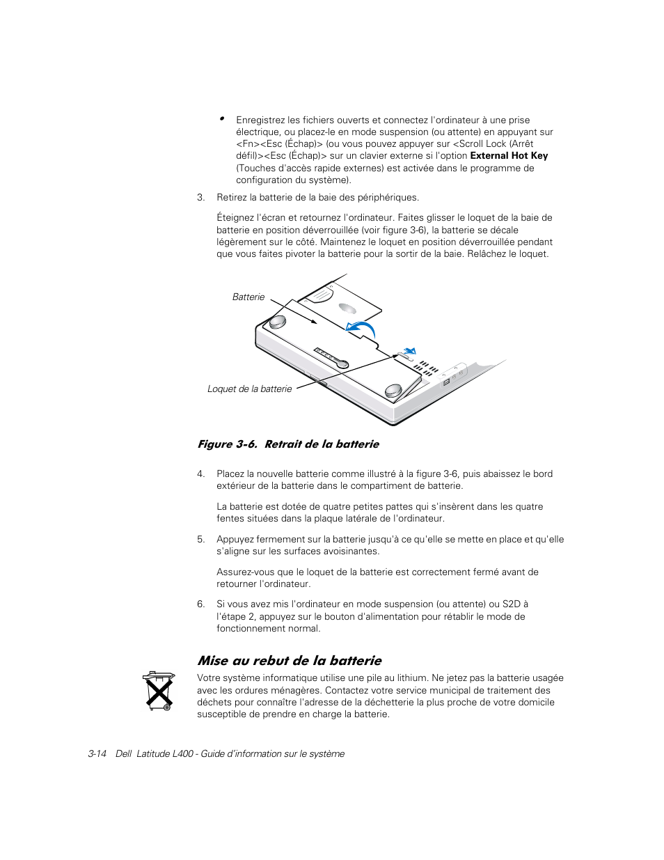 Mise au rebut de la batterie, 0lvh dx uhexw gh od edwwhulh | Dell Latitude L400 User Manual | Page 60 / 126
