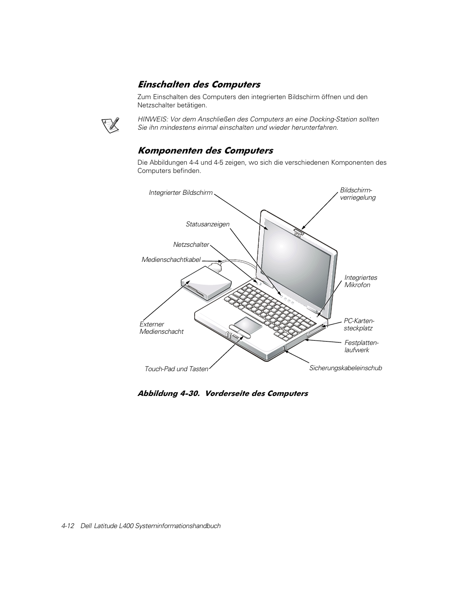 Einschalten des computers, Komponenten des computers, Lqvfkdowhq ghv &rpsxwhuv | Rpsrqhqwhq ghv &rpsxwhuv | Dell Latitude L400 User Manual | Page 74 / 126