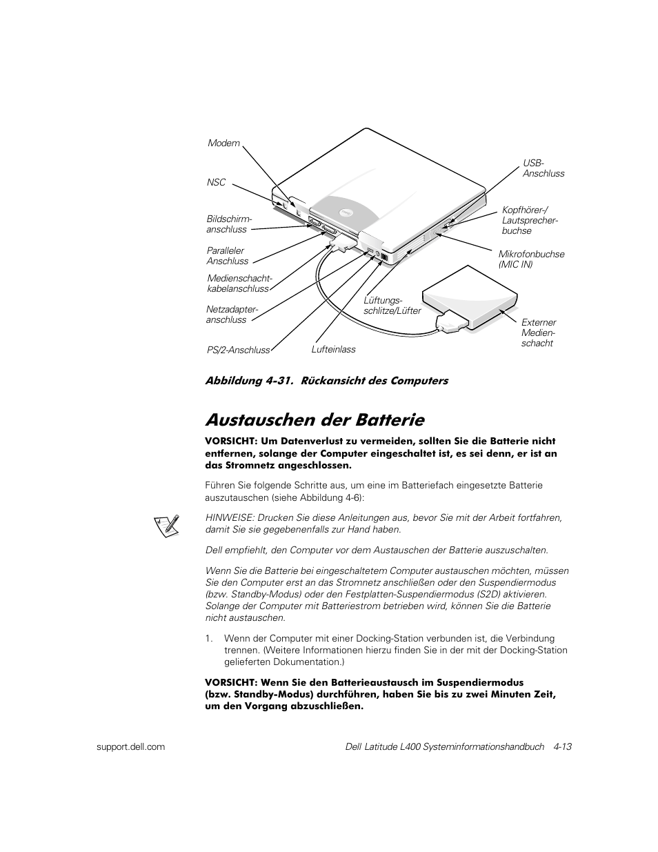 Austauschen der batterie, Xvwdxvfkhq ghu %dwwhulh | Dell Latitude L400 User Manual | Page 75 / 126