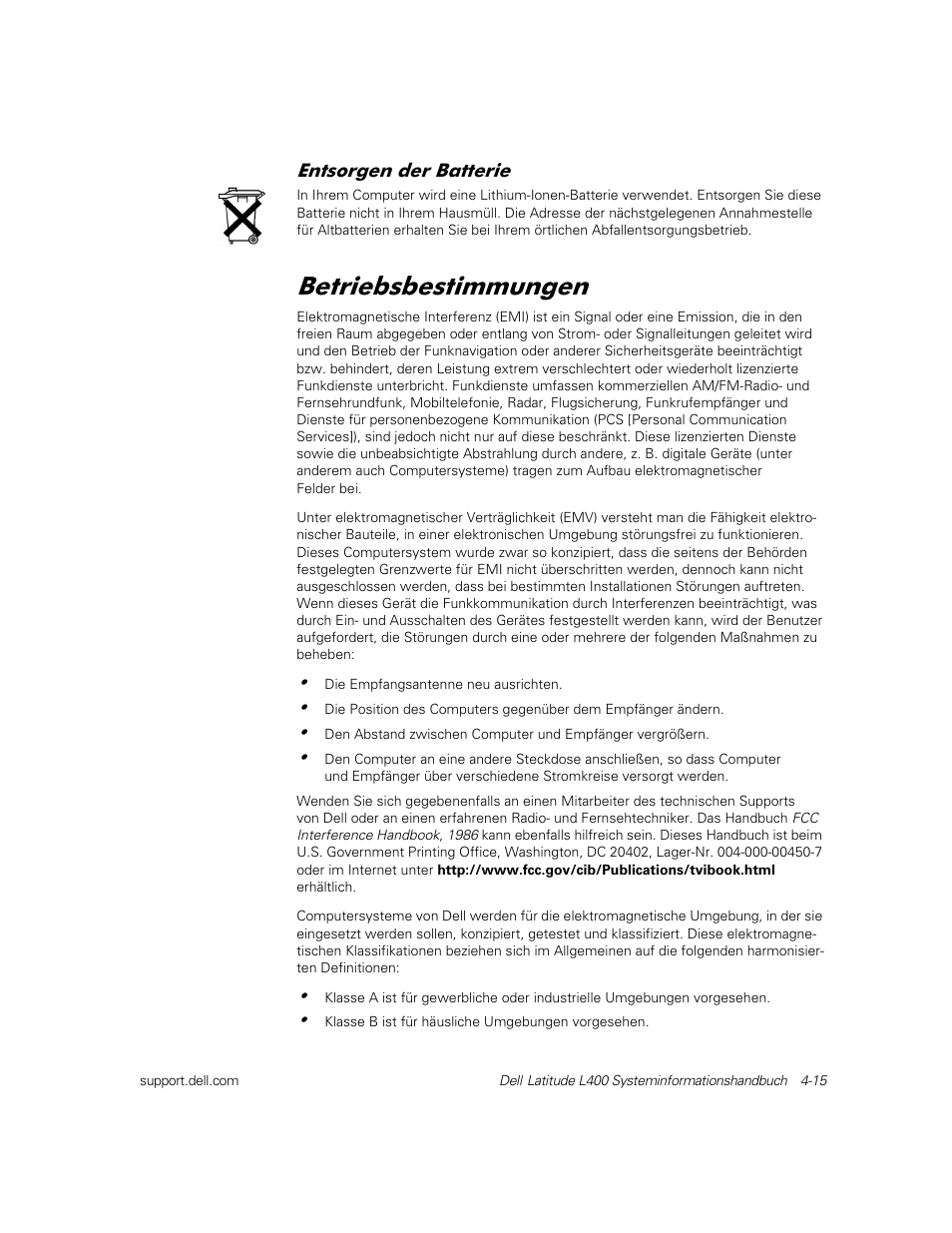 Entsorgen der batterie, Betriebsbestimmungen, Hwulhevehvwlppxqjhq | Dell Latitude L400 User Manual | Page 77 / 126