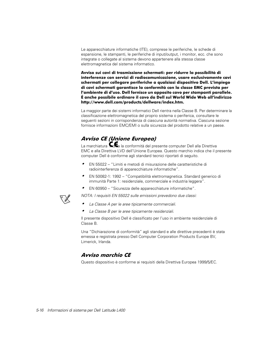 Avviso ce (unione europea), Avviso marchio ce | Dell Latitude L400 User Manual | Page 94 / 126