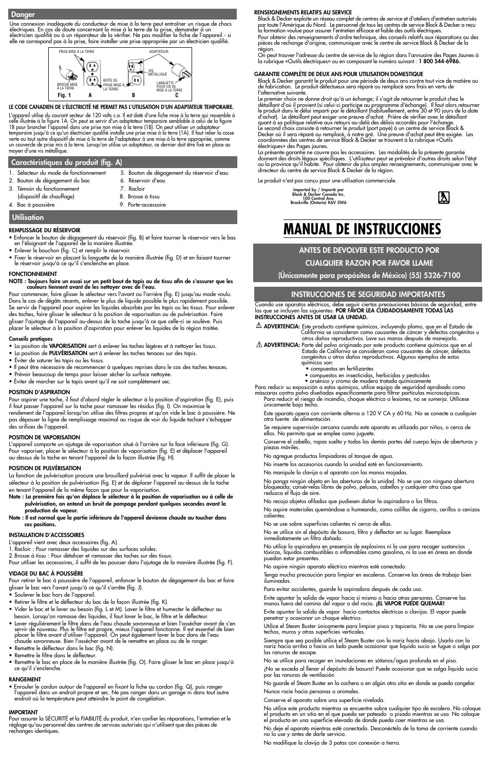 Manual de instrucciones, Caractéristiques du produit (fig. a), Danger utilisation | Black & Decker SteamBuster 612736-00 User Manual | Page 3 / 4