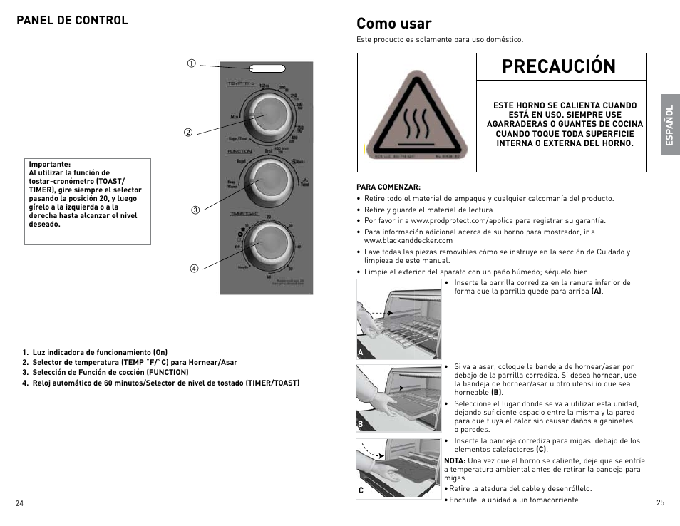 Precaución, Como usar, Panel de control | Black & Decker CTO800 User Manual | Page 13 / 23