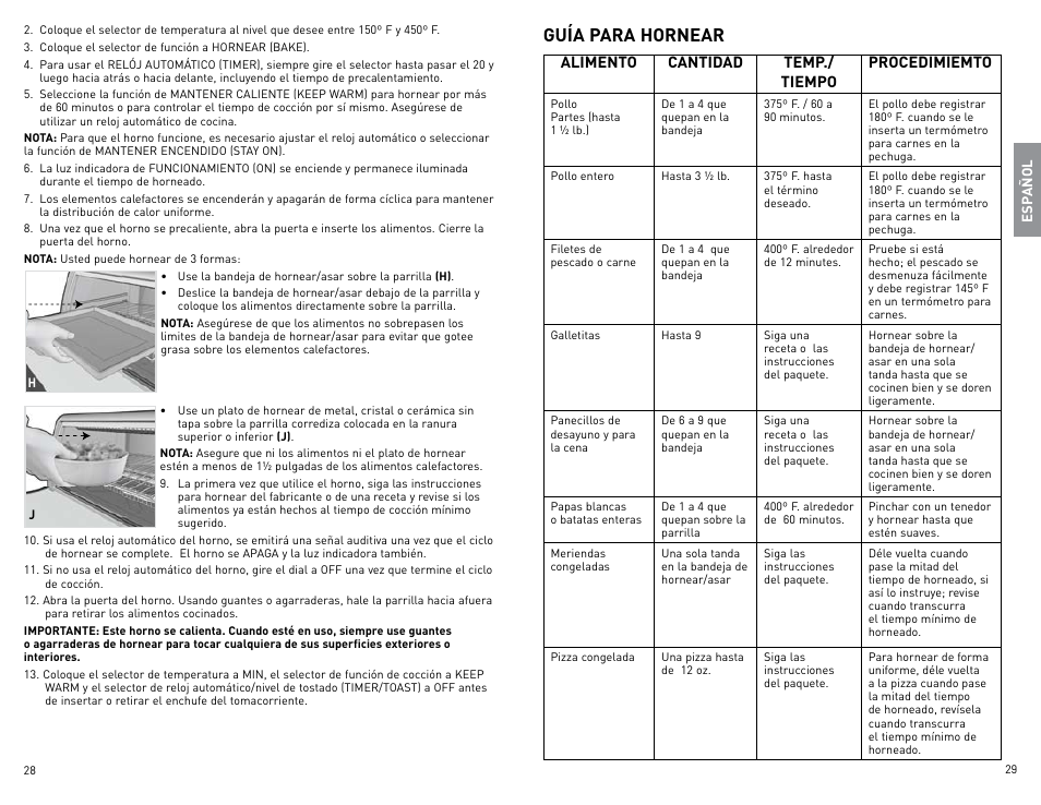 Guía para hornear, Alimento cantidad temp./ tiempo procedimiemto | Black & Decker CTO800 User Manual | Page 15 / 23