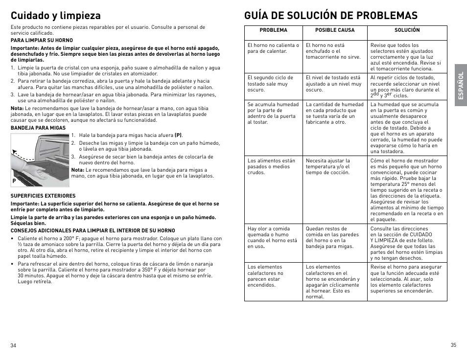 Cuidado y limpieza, Guía de solución de problemas | Black & Decker CTO800 User Manual | Page 18 / 23
